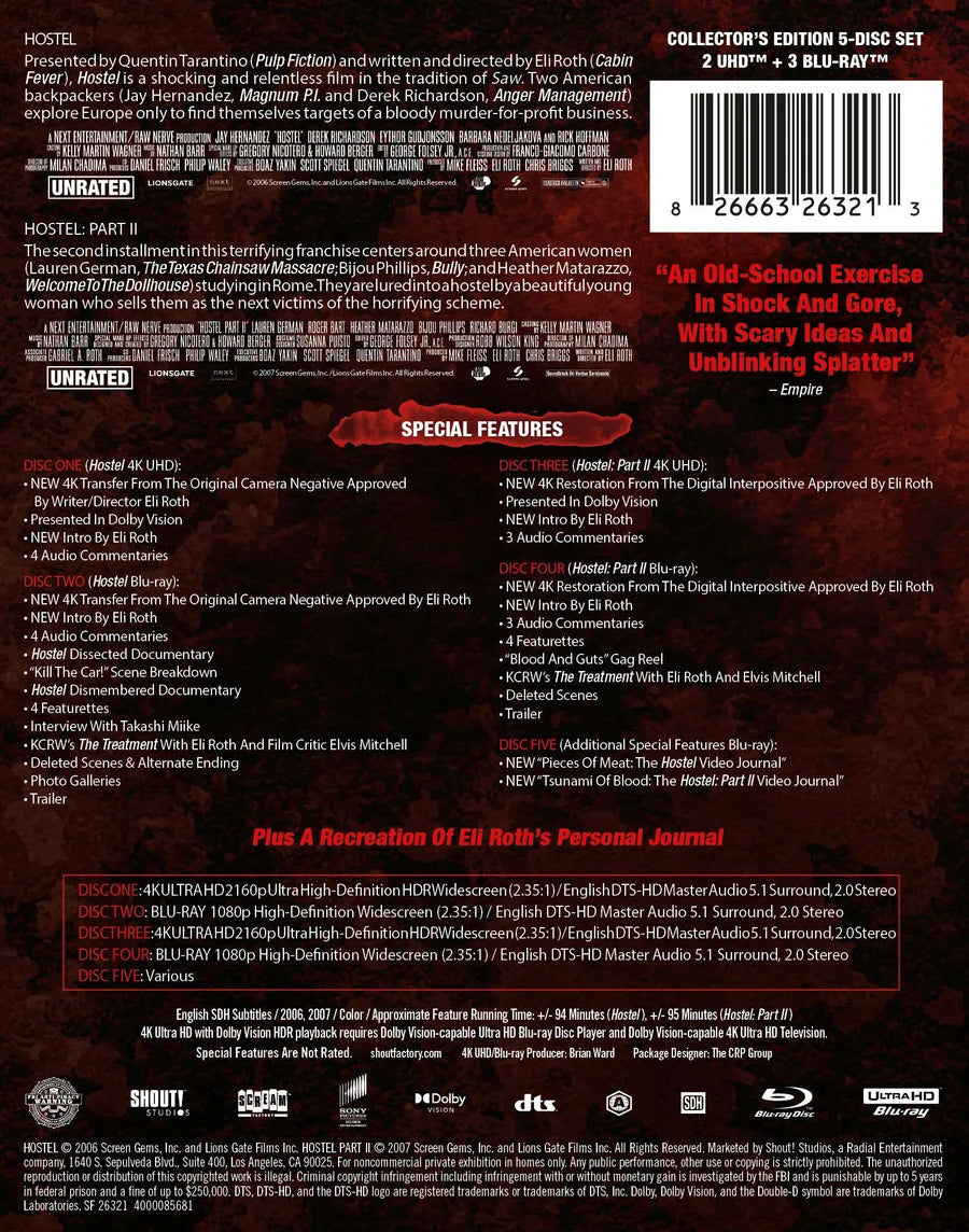 PRE-ORDER: Hostel Parts I & II (20th Anniversary Edition) (Limited Edition 4K Steelbook Collection + Blu-ray)